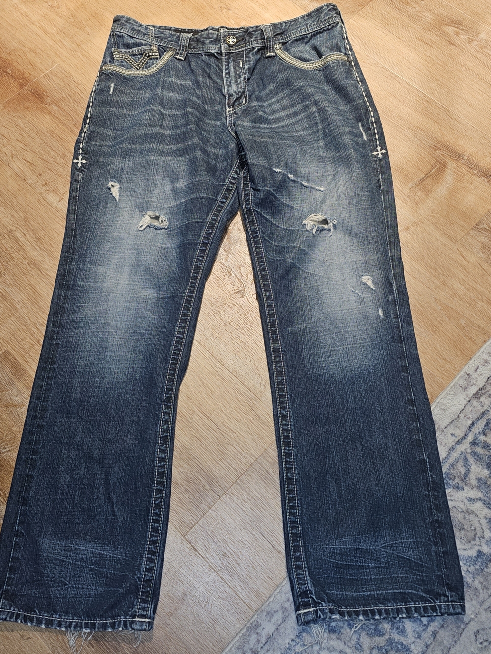 Affliction Grant Jeans Mens Size 36x30 Distressed Relaxed Straight Leg Blue